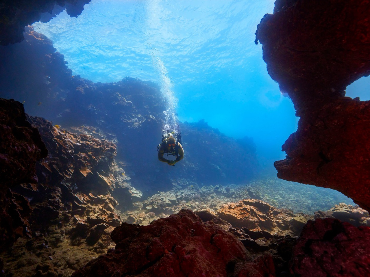 A diver in the mouth of a reef cave, open blue water beyond