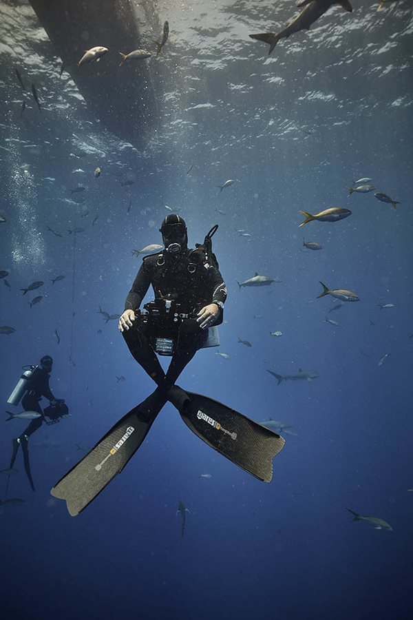 A freediver sinking through blue water, seen from below