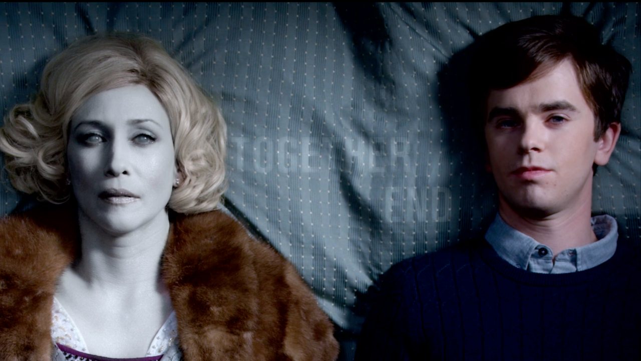Bates Motel promo: a woman in fur and a young man lying on a pillow