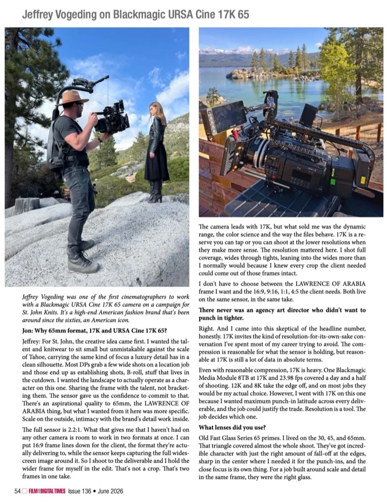 Page 54: the interview opens, with Jeffrey on an Easyrig above Lake Tahoe